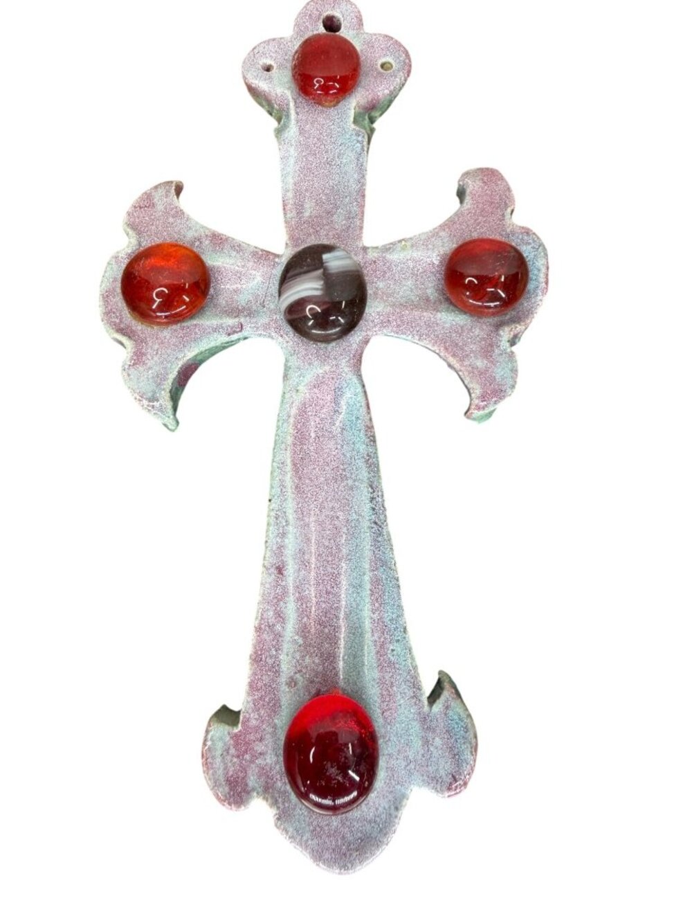 Handmade Ceramic Wall Cross – Vintage Patina Glaze with Red & Striped Glass Gem